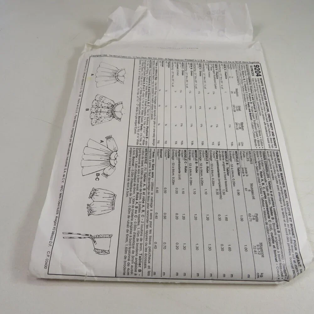 McCalls 9204 Sewing Clothing Pattern NEW BORN size Pinafore Dress, Bonnet, etc.